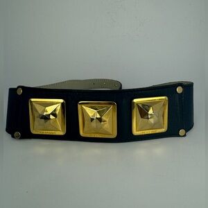 VTG GIANFRANCO FERRE Blue Belt Wide Corset Style Large Gold Studs 70 Waist 26-28